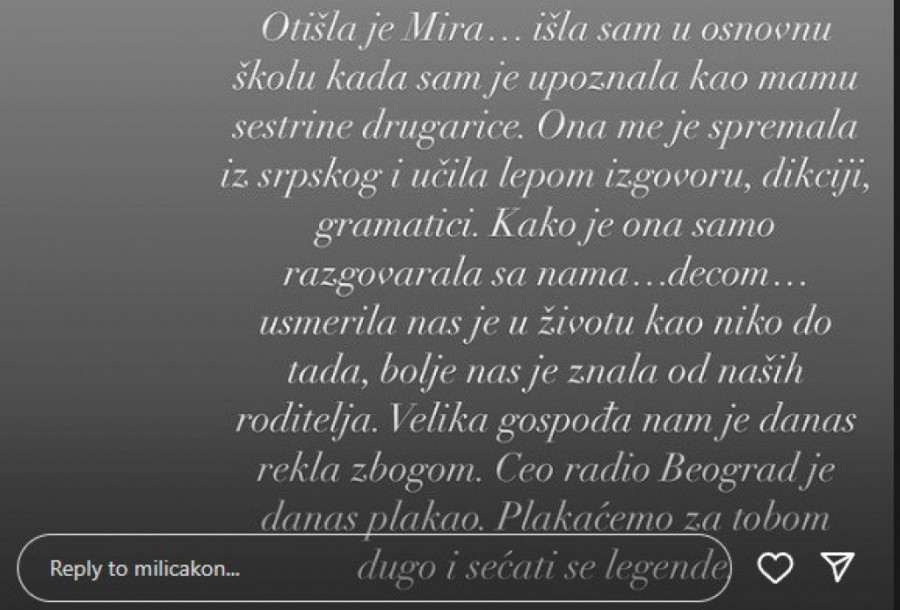 Preminula je posle kraće i teške bolesti: Milica Kon se oprostila od omiljene voditeljke